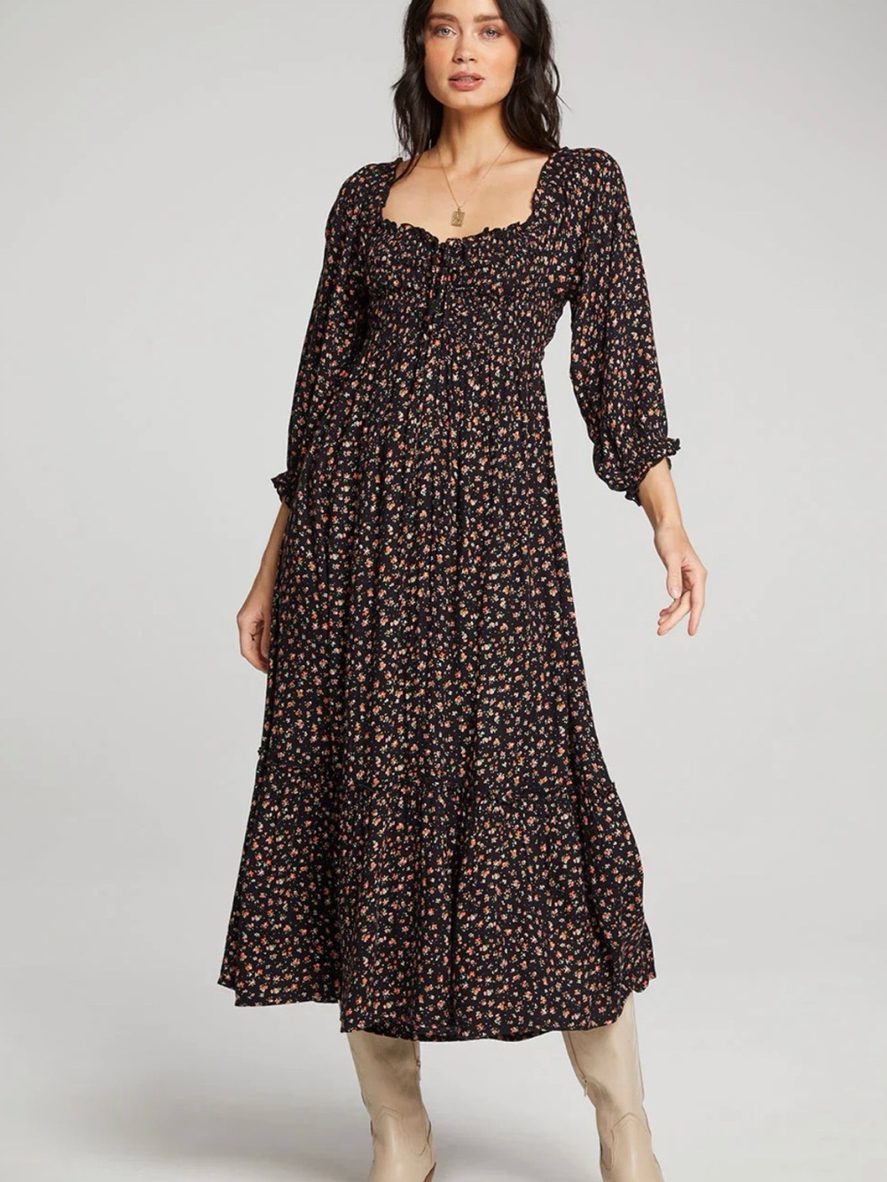 Saltwater Luxe at Anthropologie-Midi Dress Size M - Floral Fall Black Brown Pink